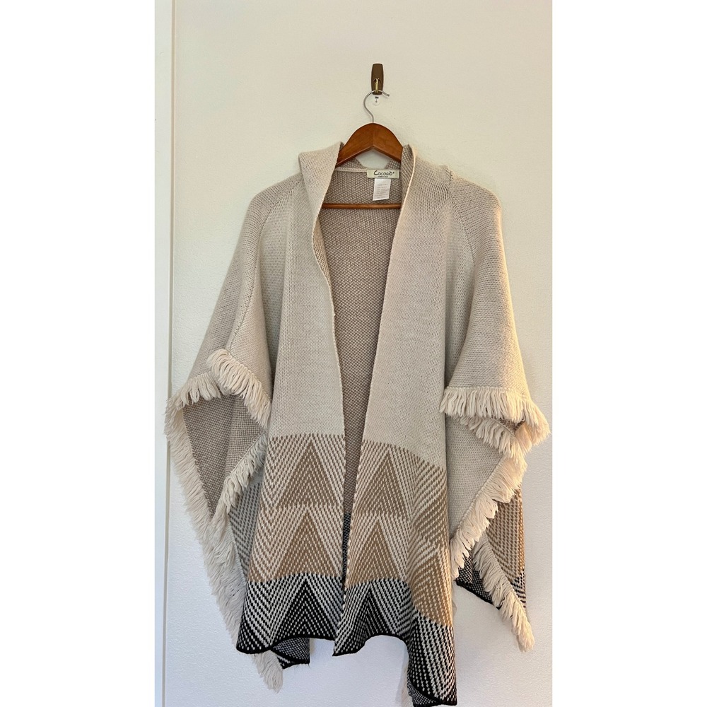 Cocogio Italy Hooded Poncho Sweater Fringe Geometric Knit Cream Tan One Size